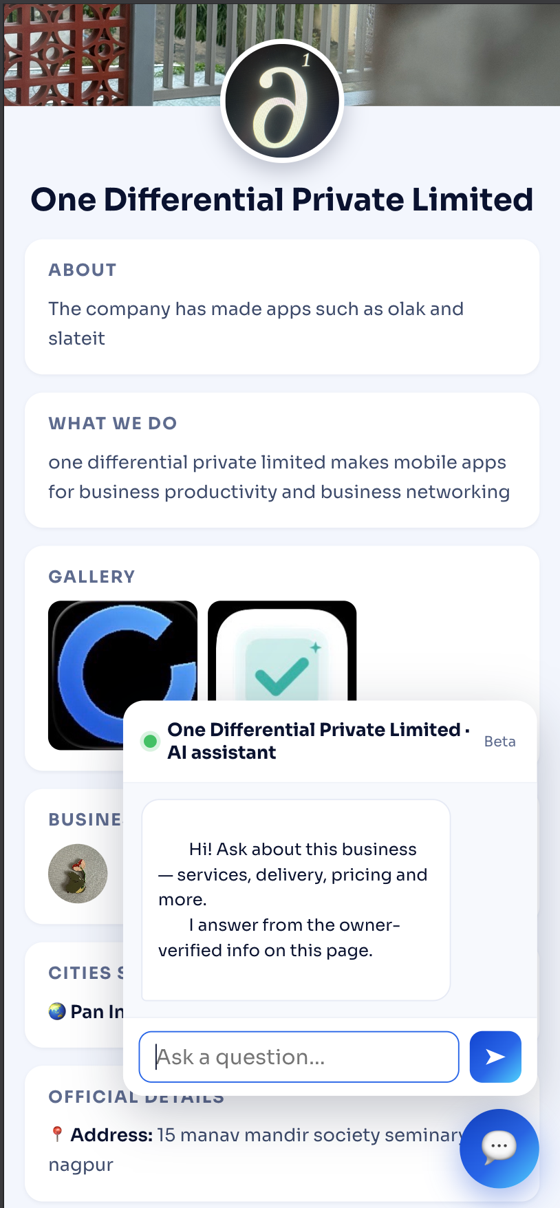A business page on Olak with its AI agent answering visitors